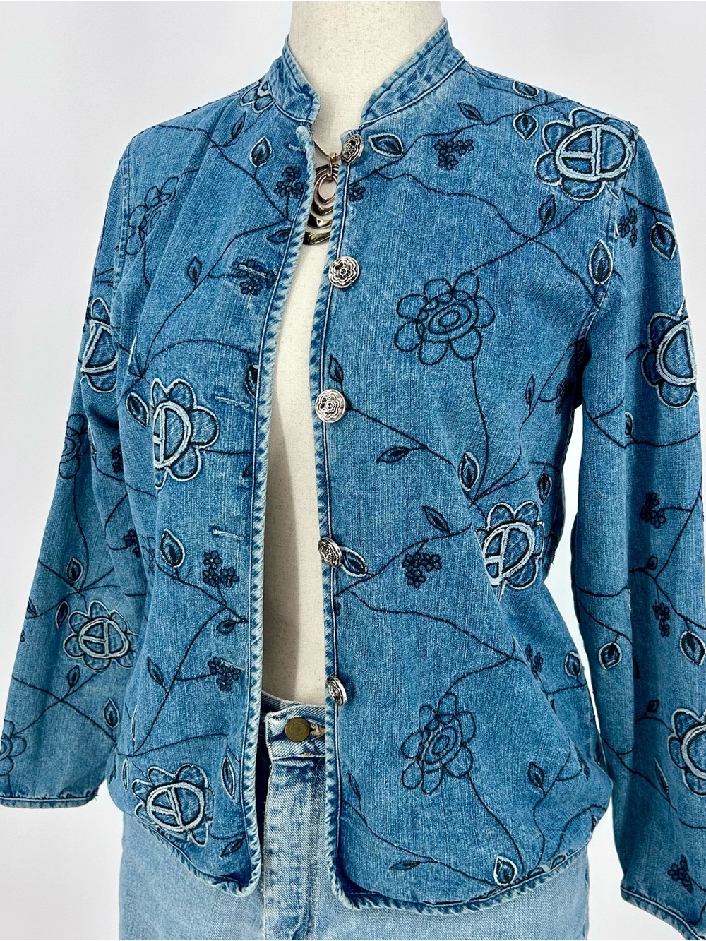 Tantrums Embroidered Denim Jacket  Y2K Boho Floral Peace Patchwork